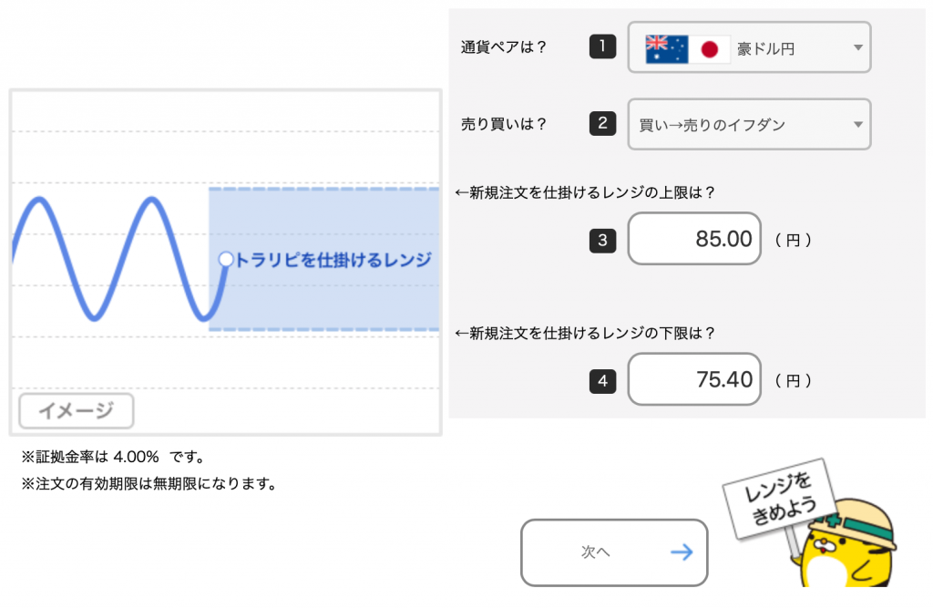 豪ドル/円のトラリピ設定（買い→売りイフダン）取引通貨、売買の選択、レンジを設定