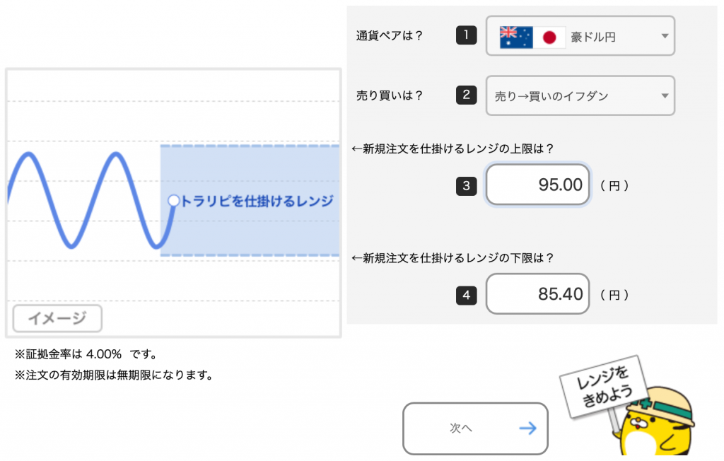 豪ドル/円のトラリピ設定（売り→買いイフダン）取引通貨、売買の選択、レンジを設定