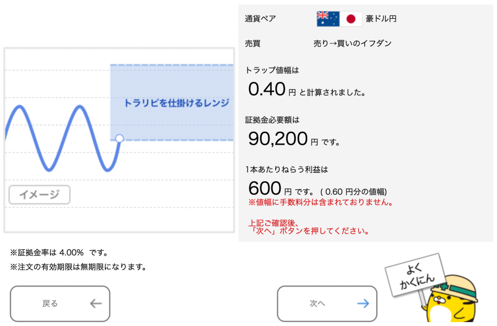 豪ドル/円のトラリピ設定（売り→買いイフダン）トラップの値幅と証拠金必要額が決定