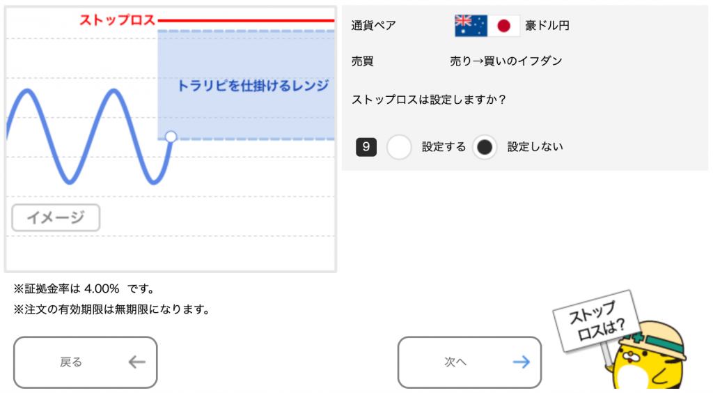 豪ドル/円のトラリピ設定（売り→買いイフダン）ストップロスの設定