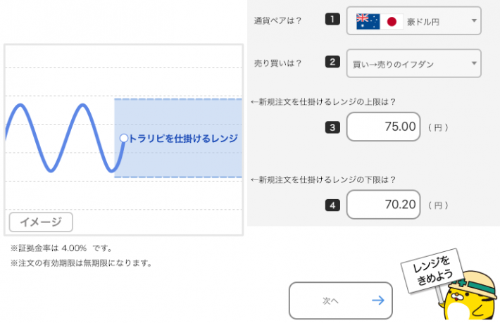 豪ドル/円のトラリピ設定（買い→売りイフダン）取引通貨、売買の選択、レンジを設定