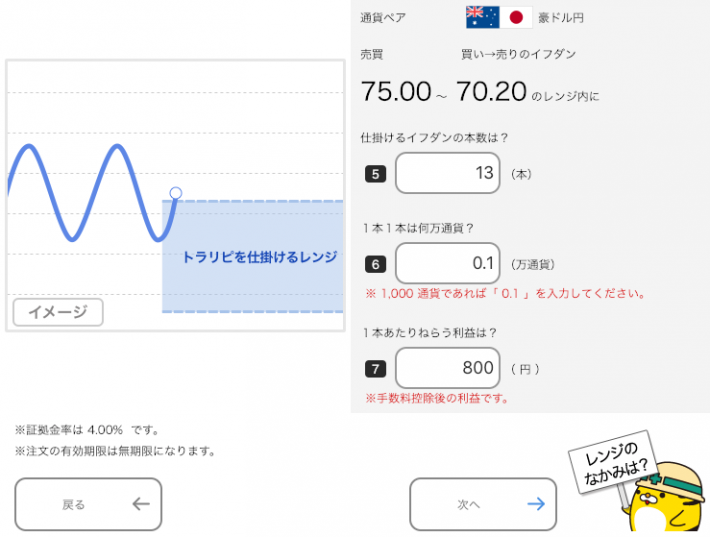 豪ドル/円のトラリピ設定（買い→売りイフダン）イフダン本数、取引通貨量、利益を設定