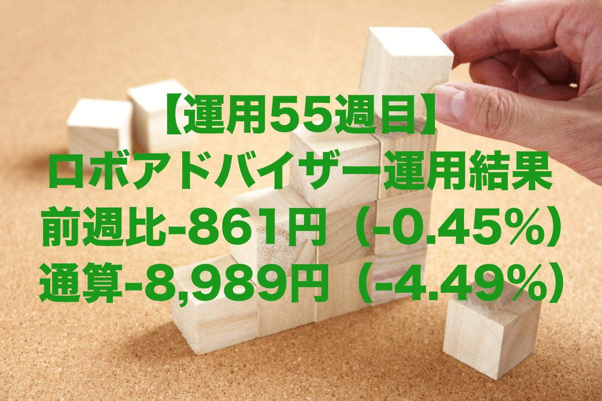 【運用55週目】ロボアドバイザーの運用結果は前週比-861円（-0.45%）、通算-8,989円（-4.49%）