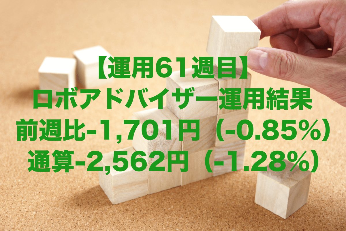 【運用61週目】ロボアドバイザーの運用結果は前週比-1,701円（-0.85%）、通算-2,562円（-1.28%）