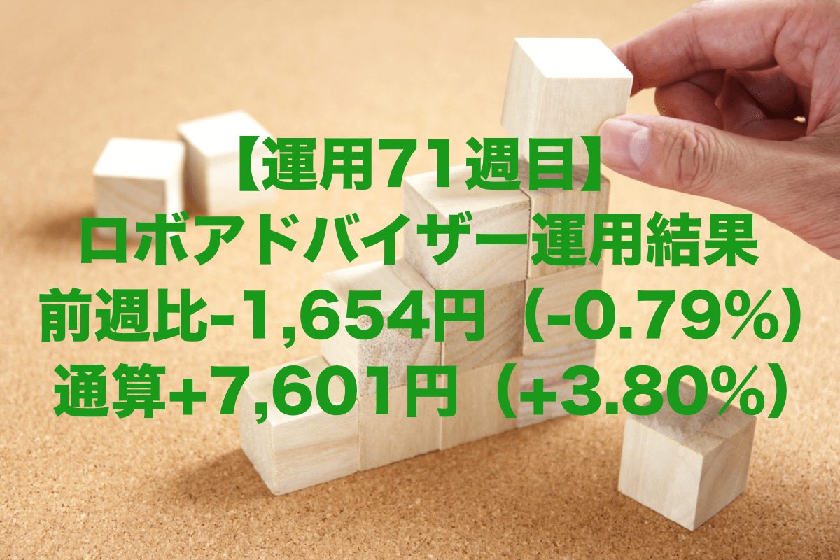 【運用71週目】ロボアドバイザーの運用結果は前週比-1,654円（-0.79%）、通算+7,601円（+3.80%）
