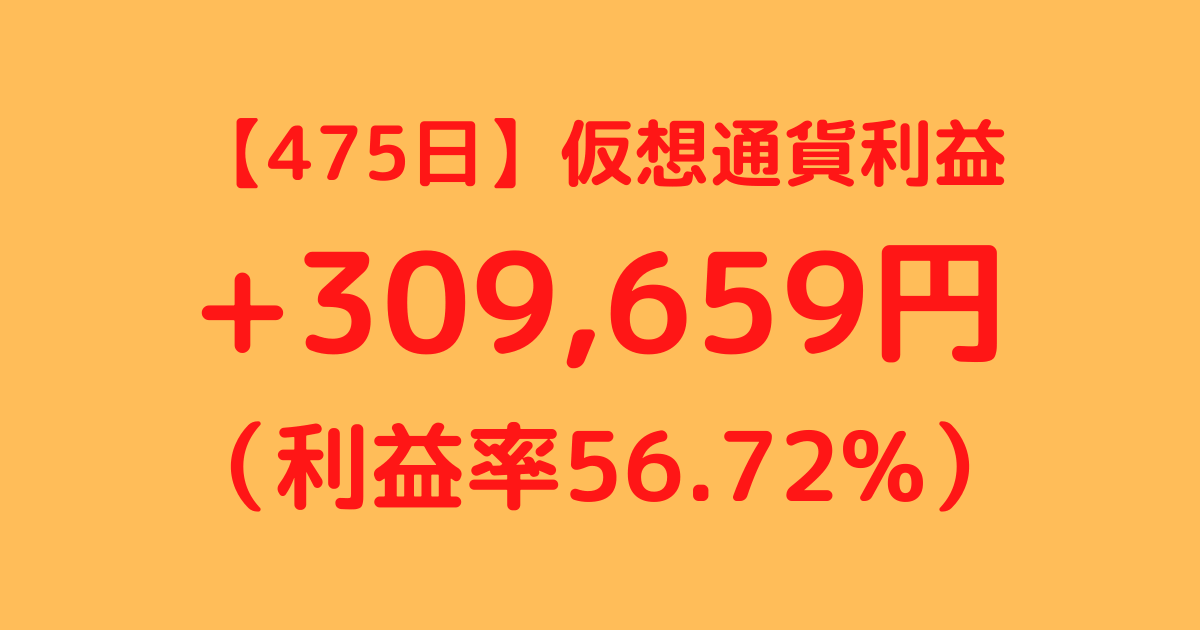 【475日】仮想通貨利益+309,659円（利益率+56.72%）