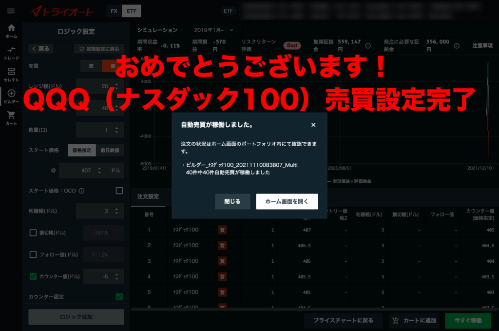 QQQ（ナスダック100）設定完了