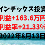 インデックス投資による利益+163.6万円（利益率+21.33%）【2022年8月13日】