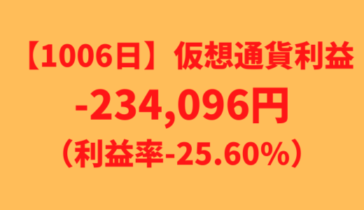 【運用1006日】仮想通貨による利益-234,096円（利益率-25.60%）