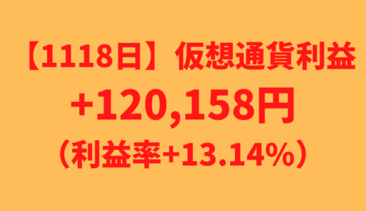 【運用1118日】仮想通貨による利益+120,158円（利益率+13.14%）